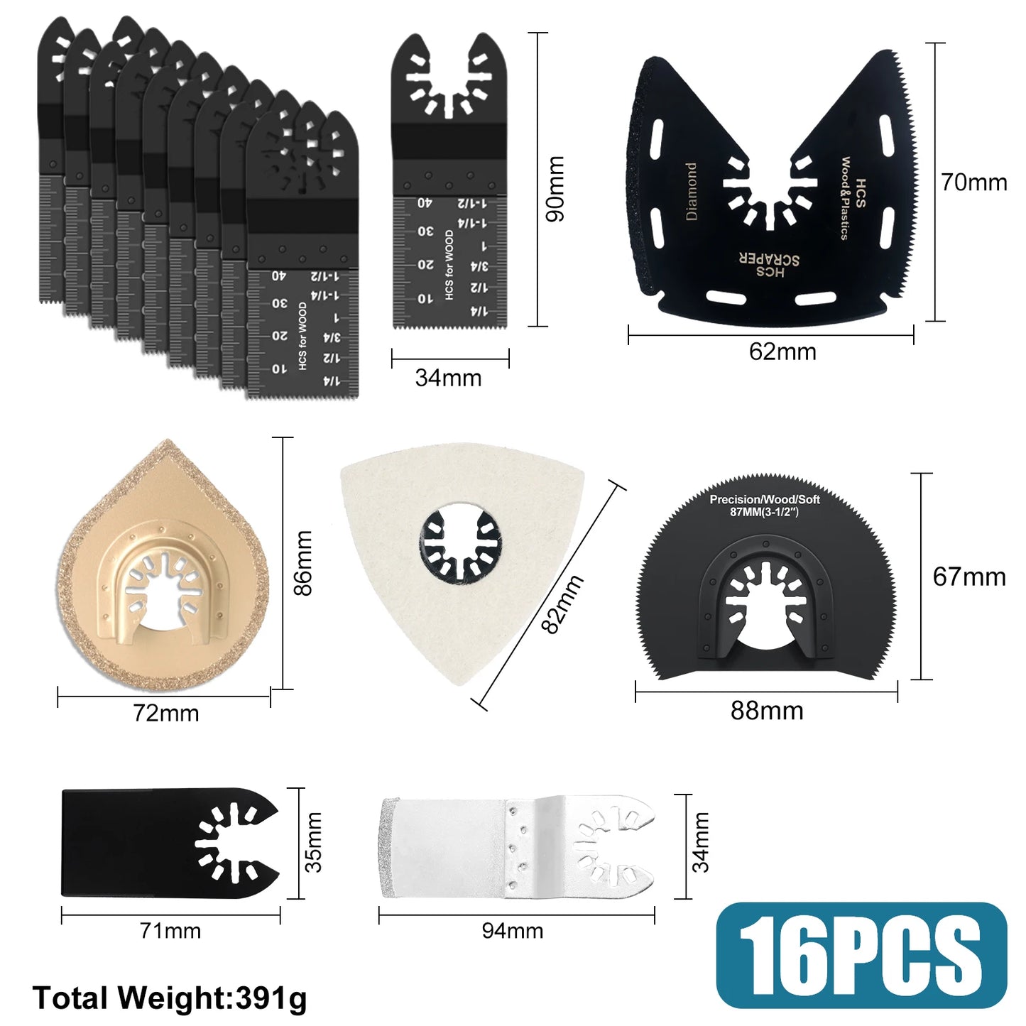 Japanese Tooth Carbide Oscillating Saw Blade Kit 10-39Pcs Arc Edge Oscillating Multitool Blades Precise Cut for Wood PVC Iron
