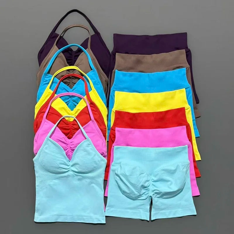 Yoga 2 Pieces Gym Set Women Backless Halter Tops High Waist Seamless Shorts Gym Suit Fitness Sports Bras Sportswear Workout Sets