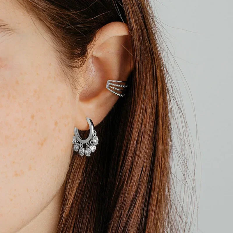 925 Sterling Silver Tassel Hoop Earrings for Women - White Zircon