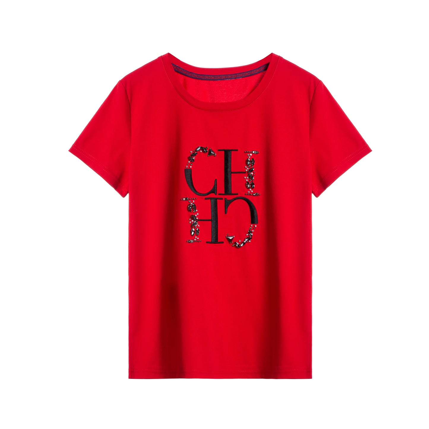 CHCH Women's Hand-Embroidered Short-Sleeve Round-Neck T-Shirt — Beige