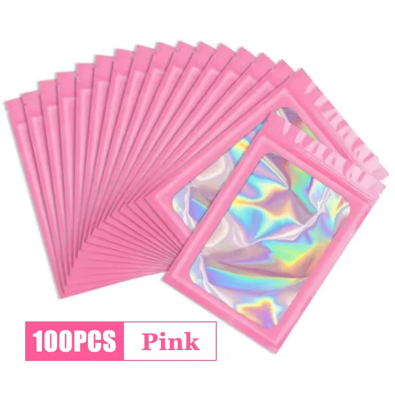 100Pcs Holographic Ziplock Bags Plastic Laser Iridescent Zip Bags for Manicure Eyelash Display Earrings Ring Jewelry Storage Bag
