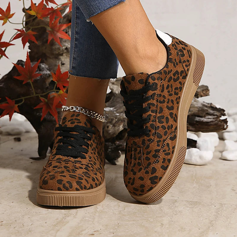 Leopard-Print Platform Sneakers for Women — Lace-Up Non-Slip Sport Shoes, Plus Size
