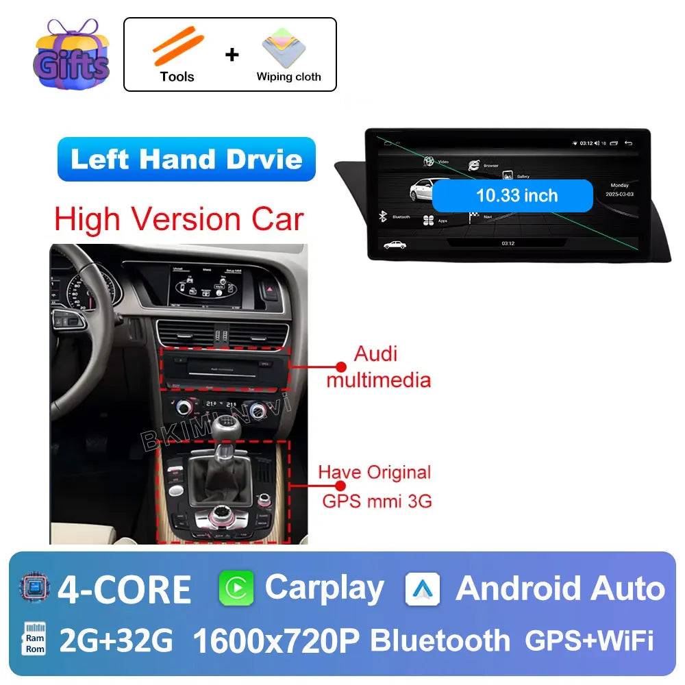Android Car Screen for Audi A4 B8 & A5 (2009–2016) — Wireless CarPlay, GPS, 4G, DSP, Ultra-Thin Display