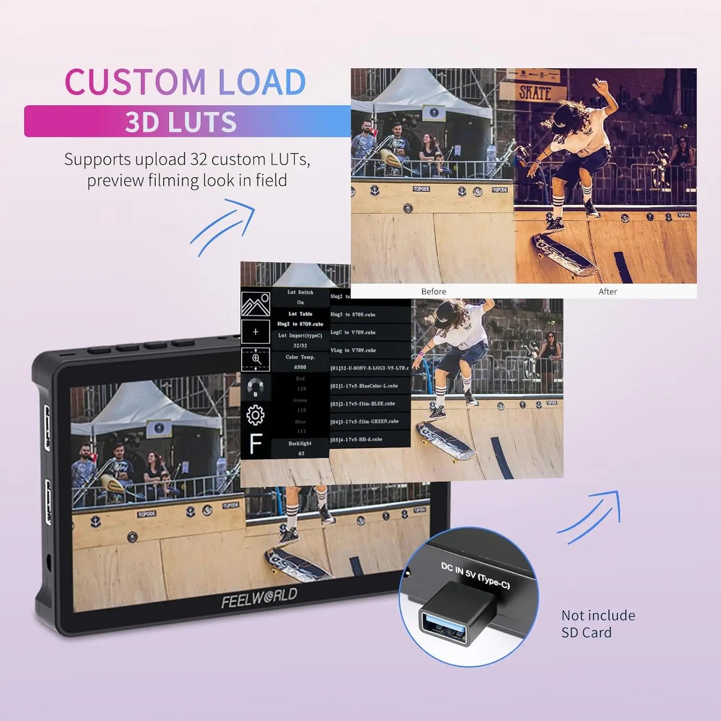 FEELWORLD F5 PRO V4 6 Inch Touch Screen 3D LUT DSLR Camera Field Monitor with F970 External Power Kit 4K HDMI Input Output