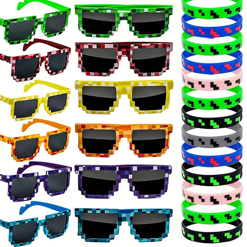 Pixel Theme Party Favors Pixelated Sunglasses Silicone Bracelets Birthday Decoration Party Supplies Gift