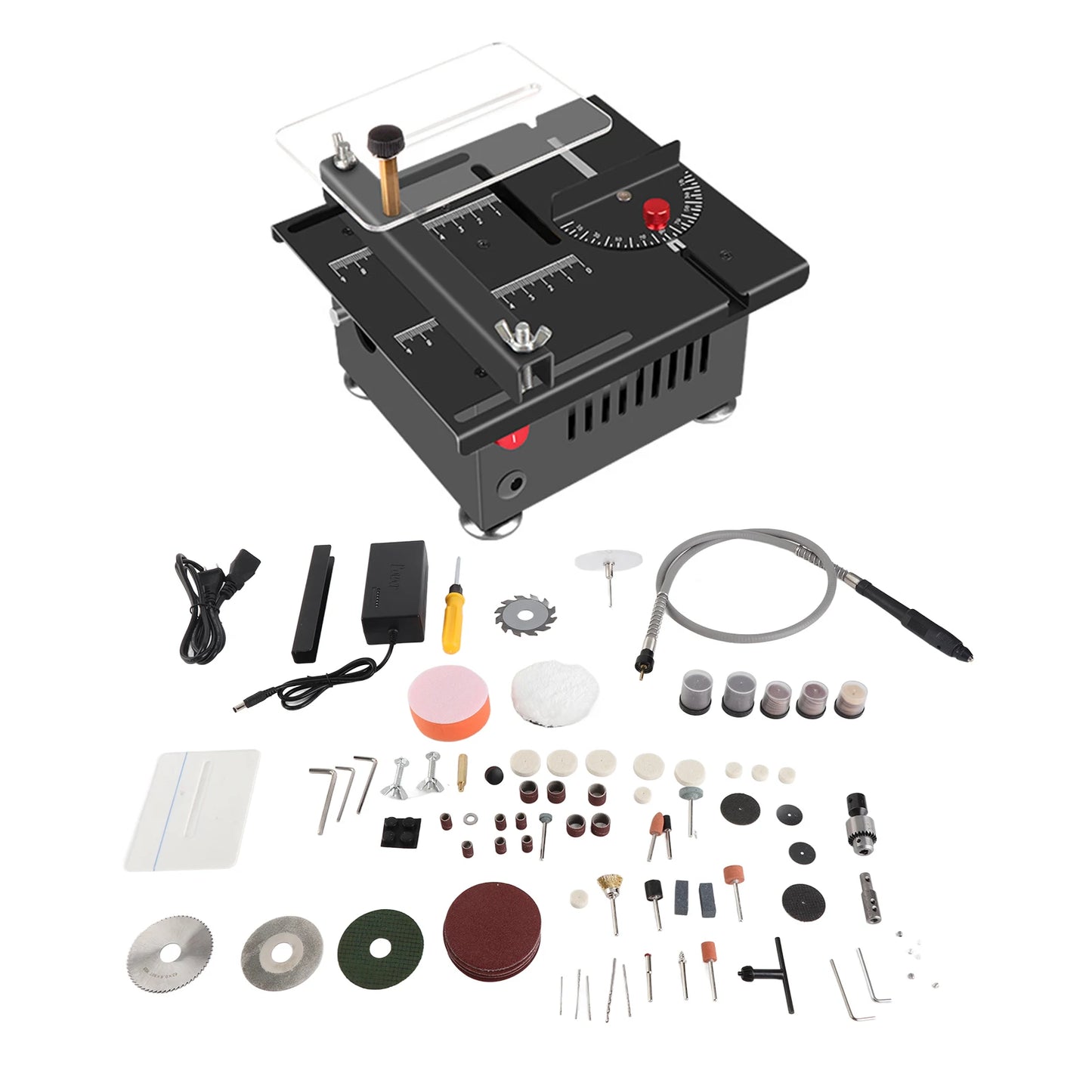 100W Multi Functional Table Saw Mini Desktop Electric Saw Cutter Speed and Angle Adjustable Liftable Blade 16MM Cutting Depth
