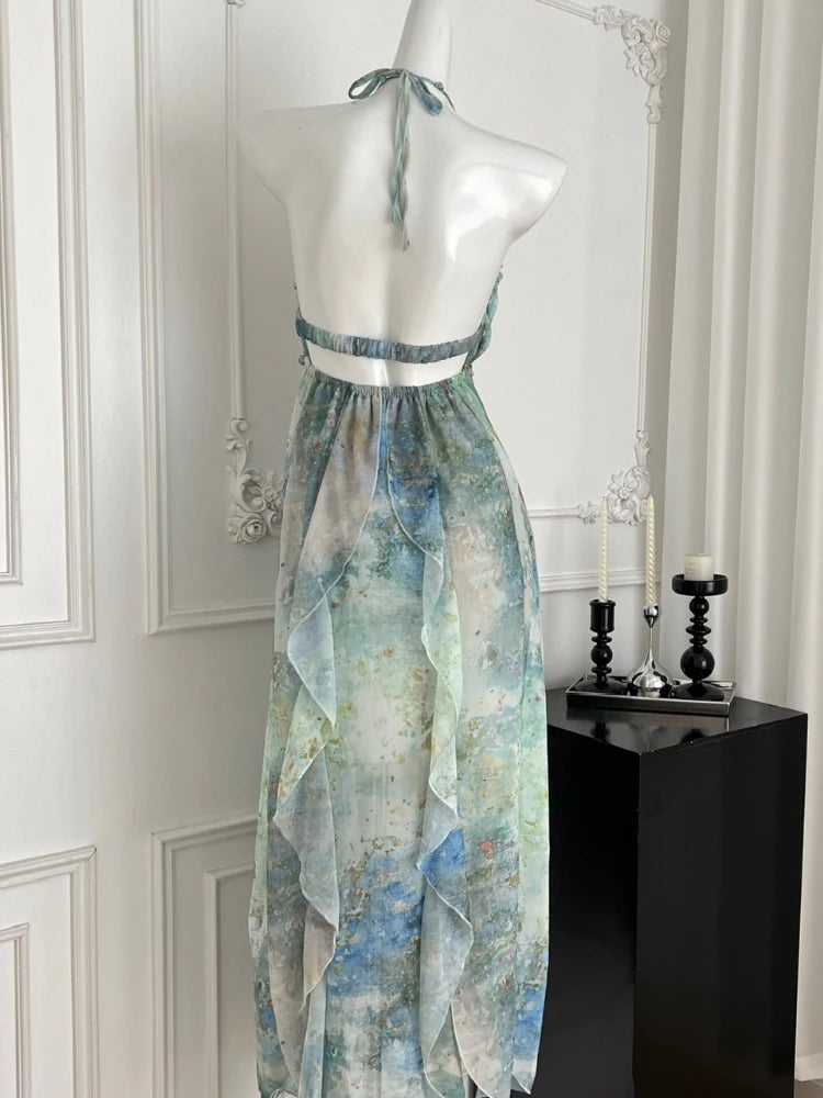 2026 Elegant Halter Neck Ruffled Maxi Dress Women Blue Green Floral Print Bohemian Design Beach Vacation Casual Party Dress New
