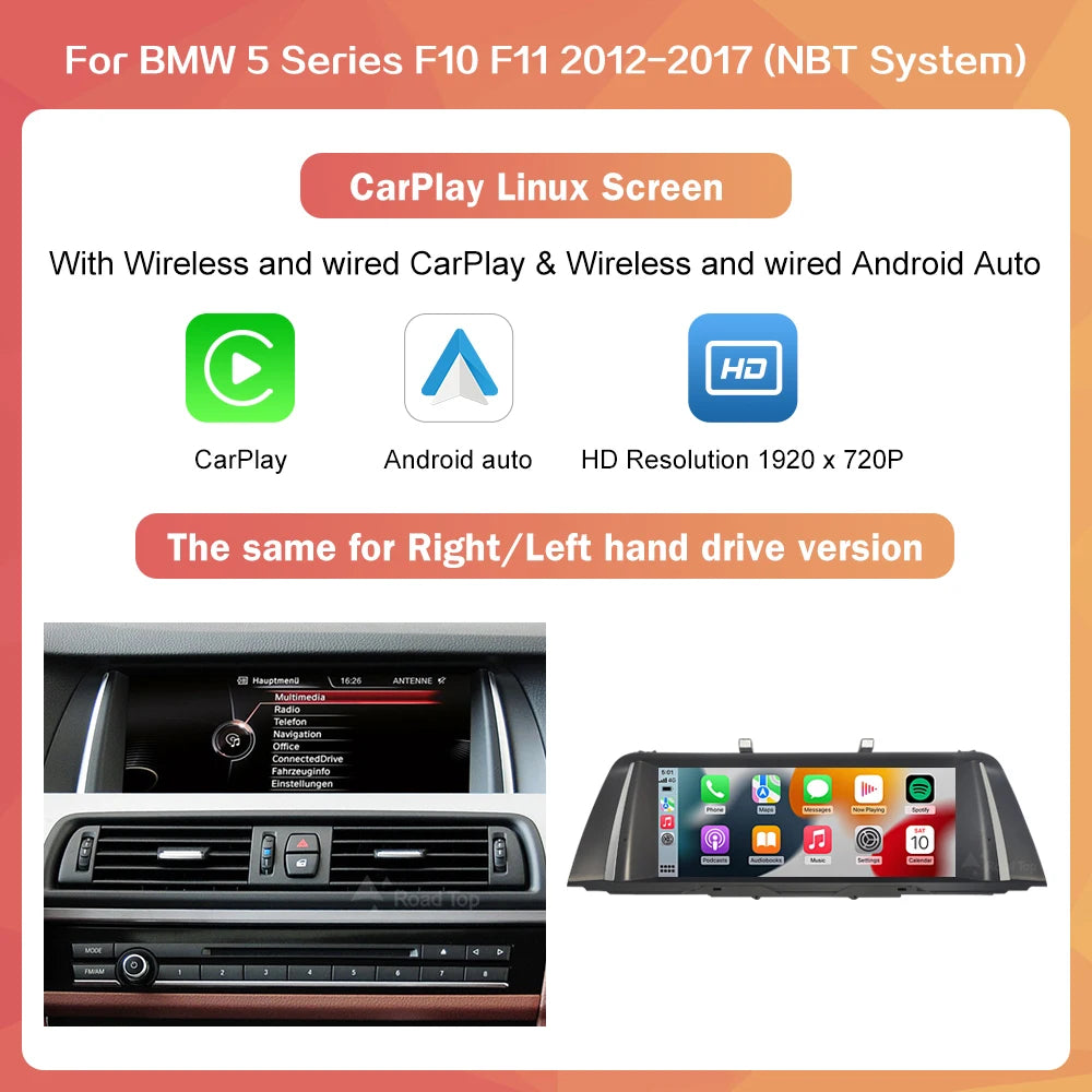 Wireless CarPlay & Android Auto Display Screen, Compatible with BMW 5 Series F10 F11 (CIC/NBT)