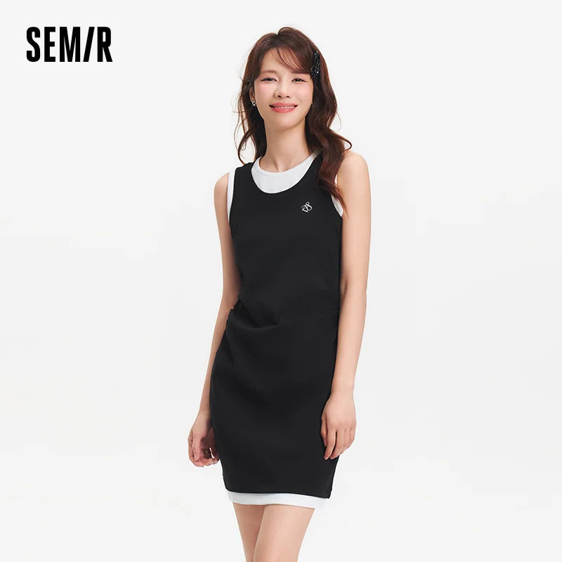 Semir Fake Two Piece Dress Women Fashionable Embroidery 2025 Summer New Slim Fit Flattering Short Dress Versatile