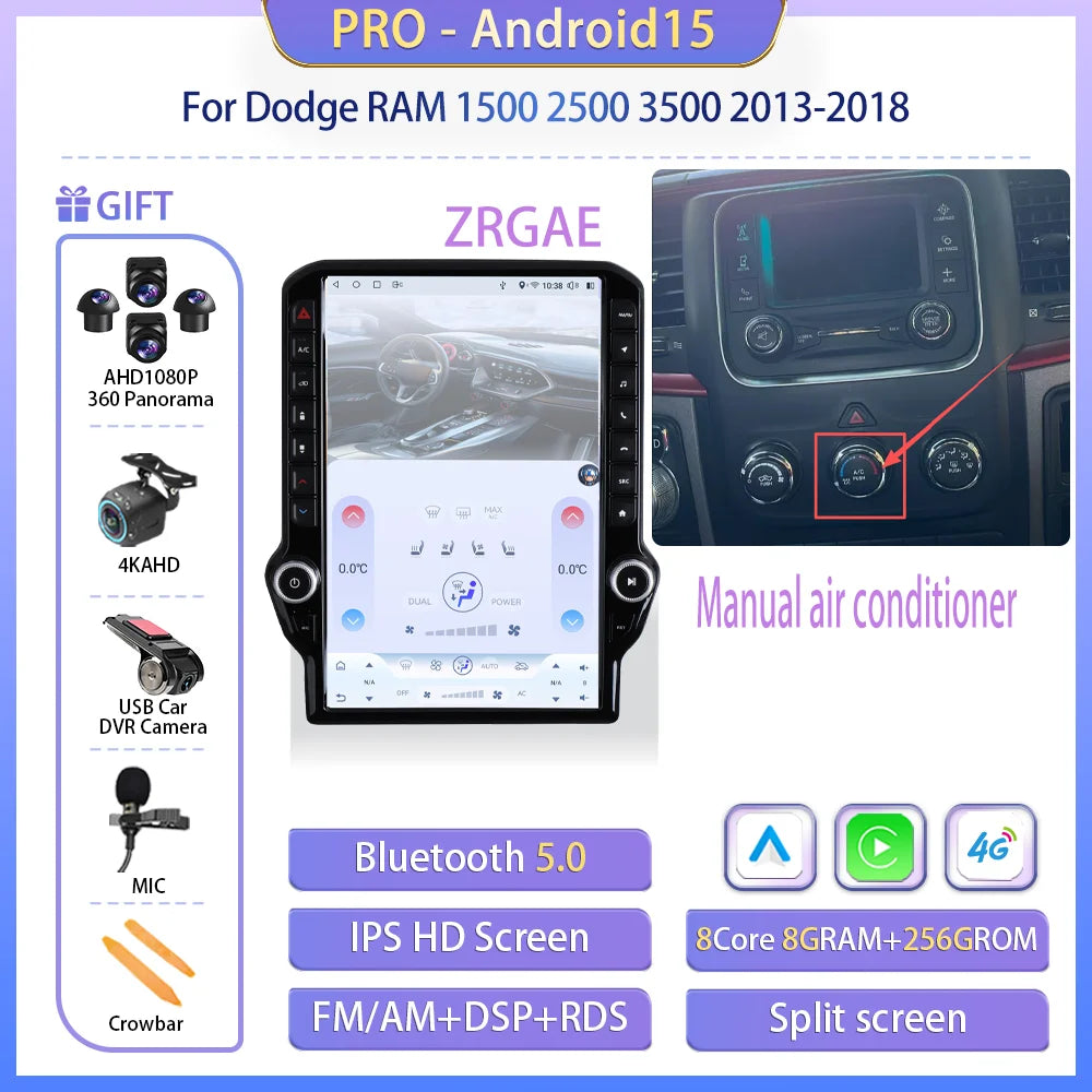 14.5" Android 15 Car radio multimedia player For Dodge RAM 1500 2500 3500 2013-2018 GPS Navigation Tesla Screen Wireless Carplay