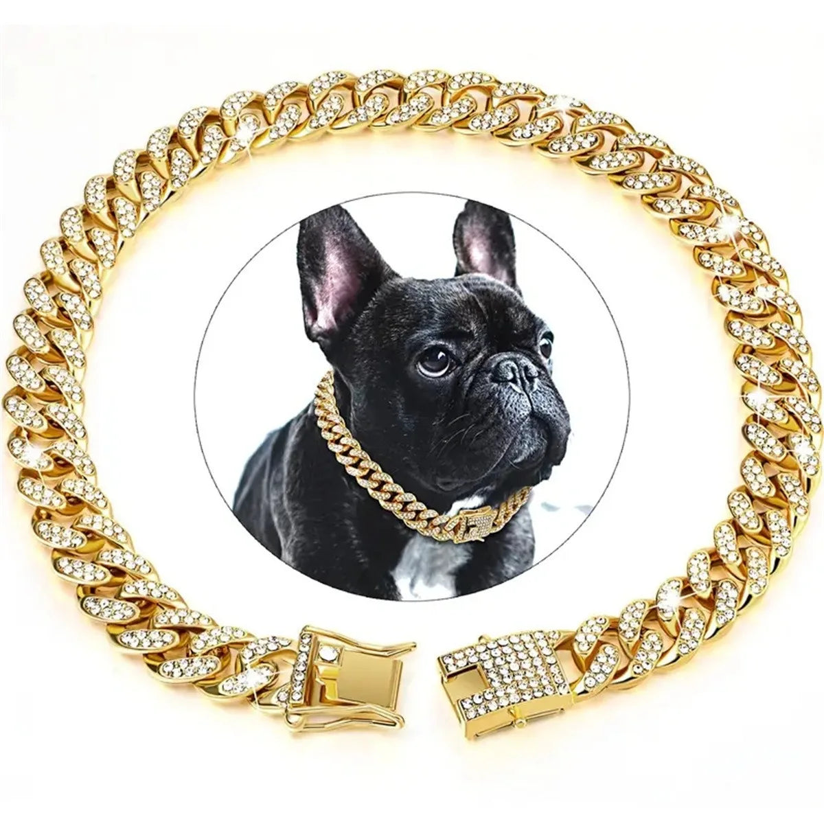 Gold Dog Chain Diamond Dog Collar Walking Metal Secure Buckle Pet Collar Jewelry Accessories Necklace for Small Medium Large Cat