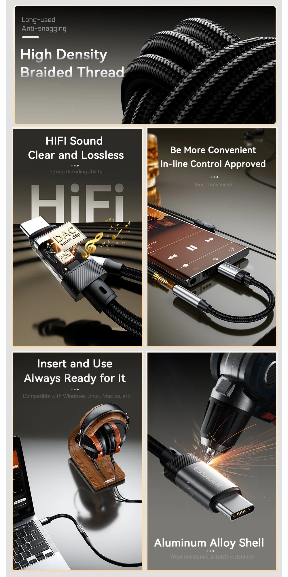 Essager Lightning to 3.5mm jack Audio Adapter Headphone Aux Cable USB Type C to 3.5 Adapter OTG Type C For iphone Xiaomi Oneplus