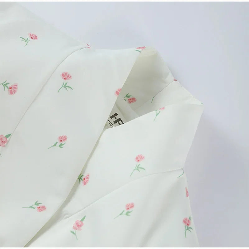 Women Cross Collar Floral Jacket Coats Stand Neck Waist Cinching Single Breasted Pad Shoulder Coats Lady Spring Chic Outwear Top