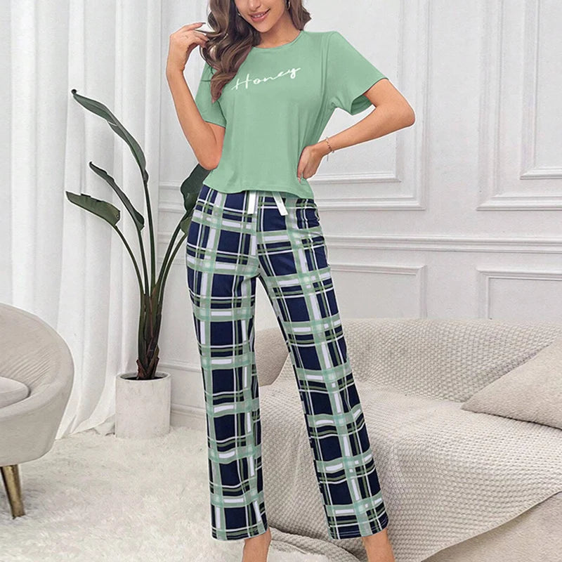 Women's Crew Neck Tee & Plaid Pants Pajama Set - photo 6