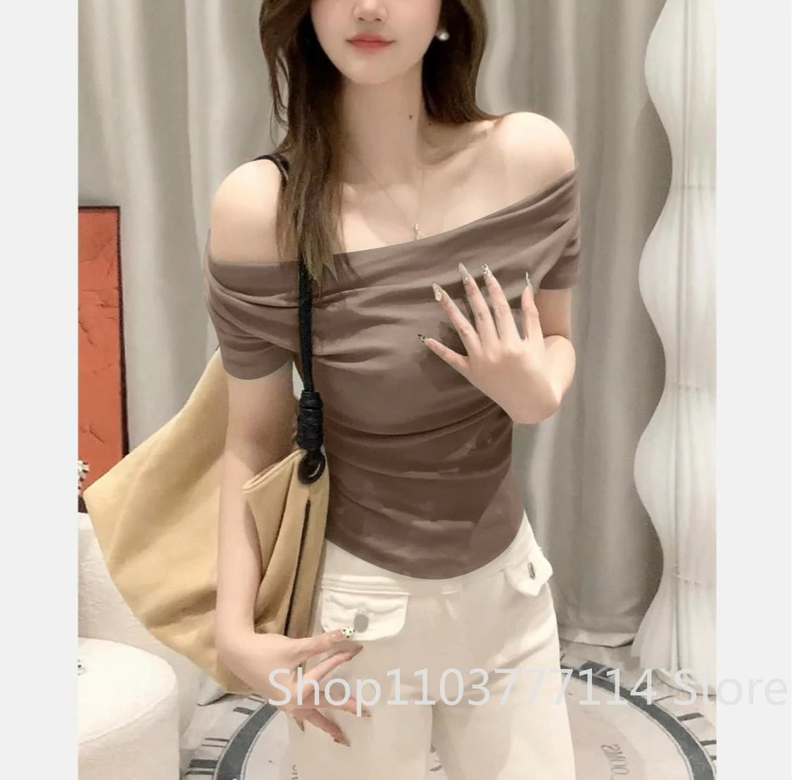 Summer Thread Solid Color Beach Fashion Versatile Women's Short Sleeved T-shirt Casual Lightweight Breathable Sexy Women's Top