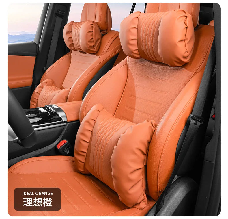 Nappa Leather Car Headrest & Lumbar Support Cushion – Soft Neck Pillow & Waist Pillow Set