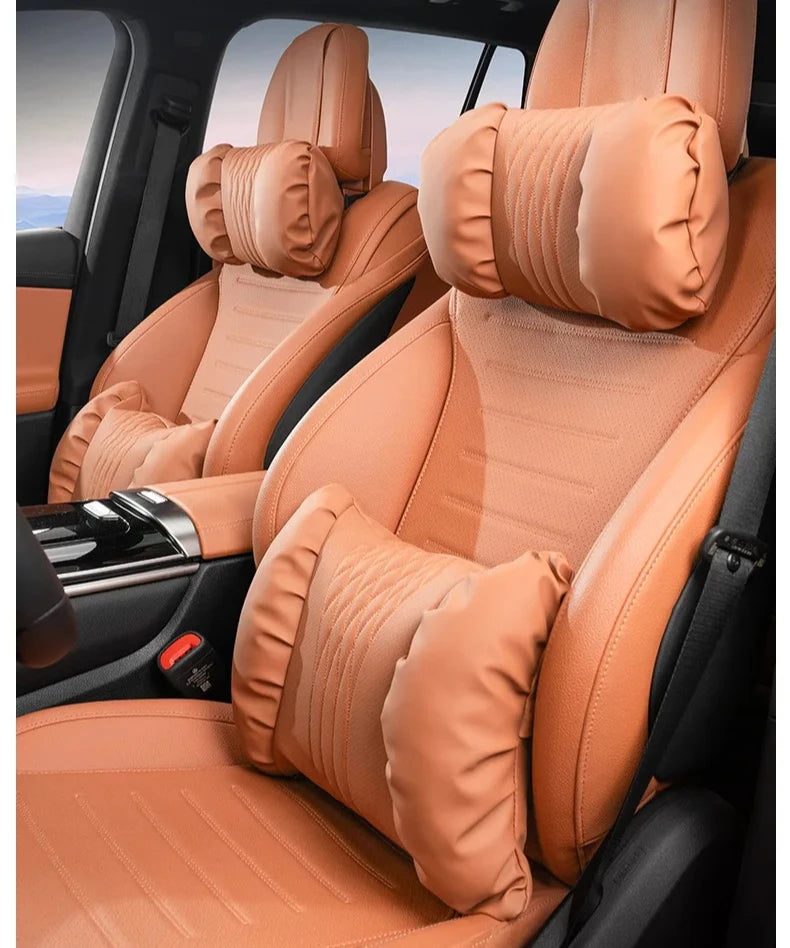 Nappa Leather Car Headrest & Lumbar Support Cushion – Soft Neck Pillow & Waist Pillow Set