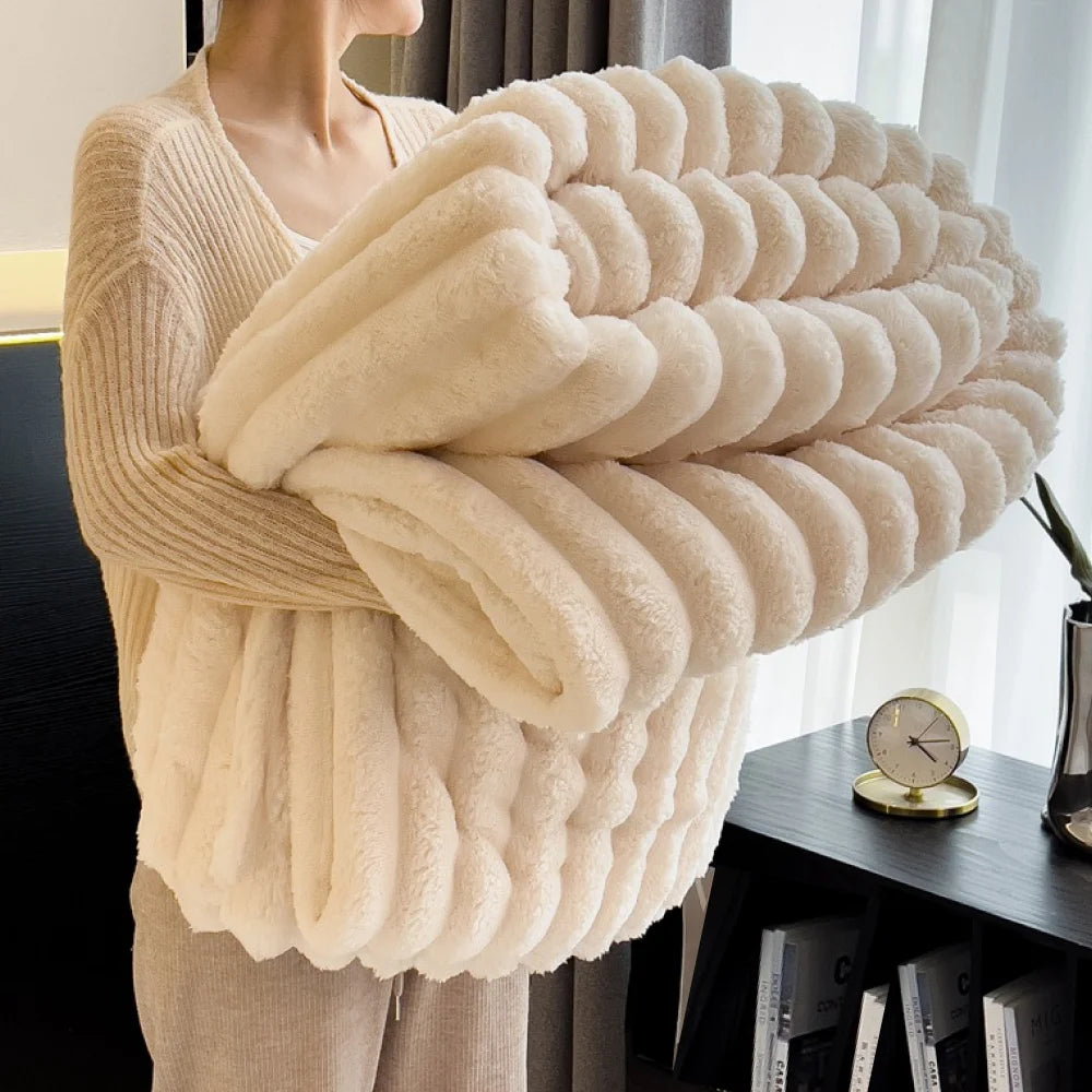Striped Fluffy Throw Blanket, 250 GSM Soft Bed Blanket