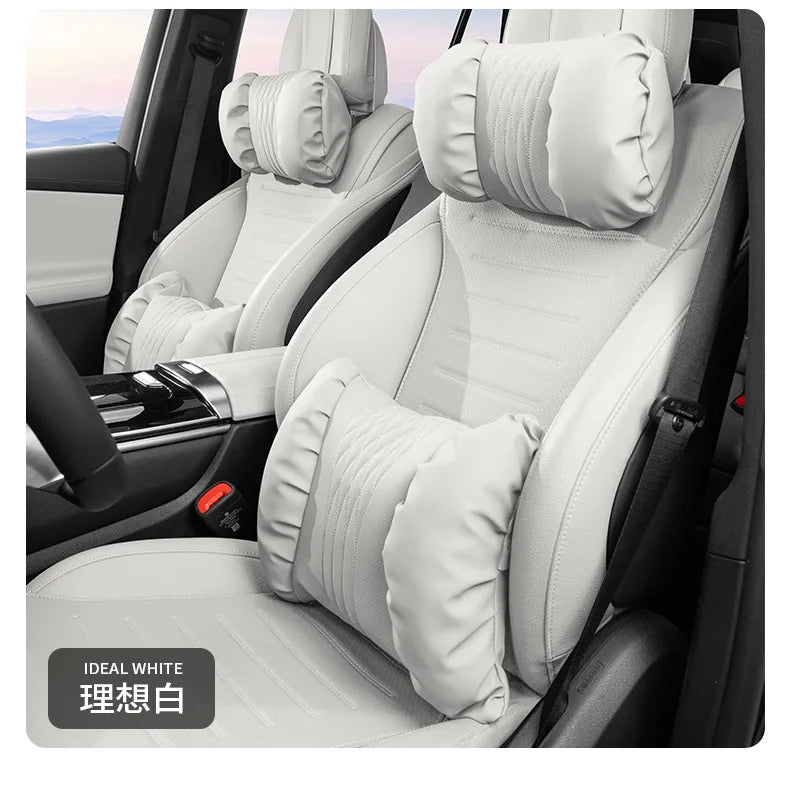 Nappa Leather Car Headrest & Lumbar Support Cushion – Soft Neck Pillow & Waist Pillow Set