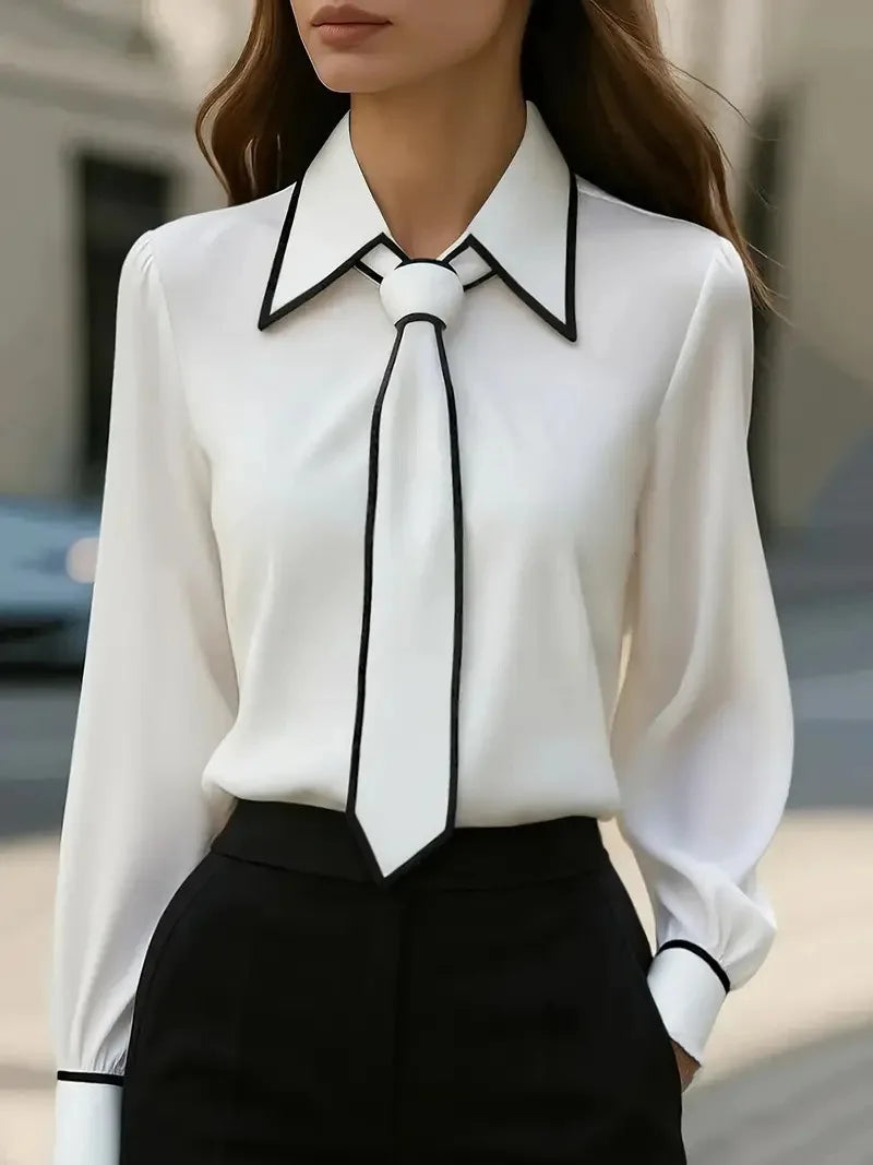 Women's Bow Tie Office Blouse - Long Sleeve Contrast Trim Shirt - photo 8