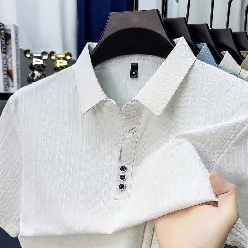 Men's Vertical-Texture Polo - Lightweight Soft, Three-Button Lapel
