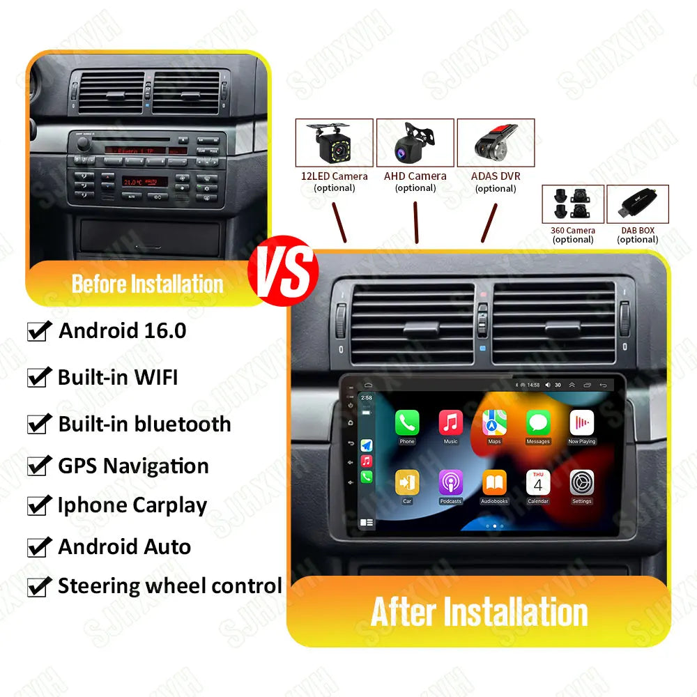 9" Android Car Stereo for BMW E46 318 320 325 330 335 & M3 (1998–2006) — Wireless CarPlay, Android Auto, GPS