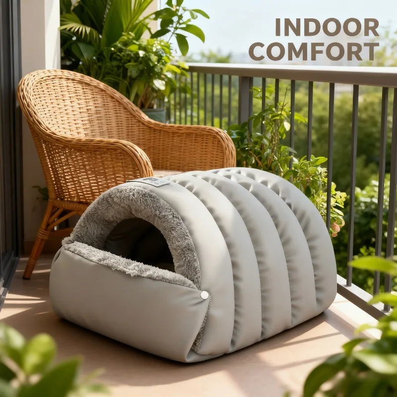 Semi-Enclosed Winter Cat Bed with Leather-Look Edging - Windproof – photo 7