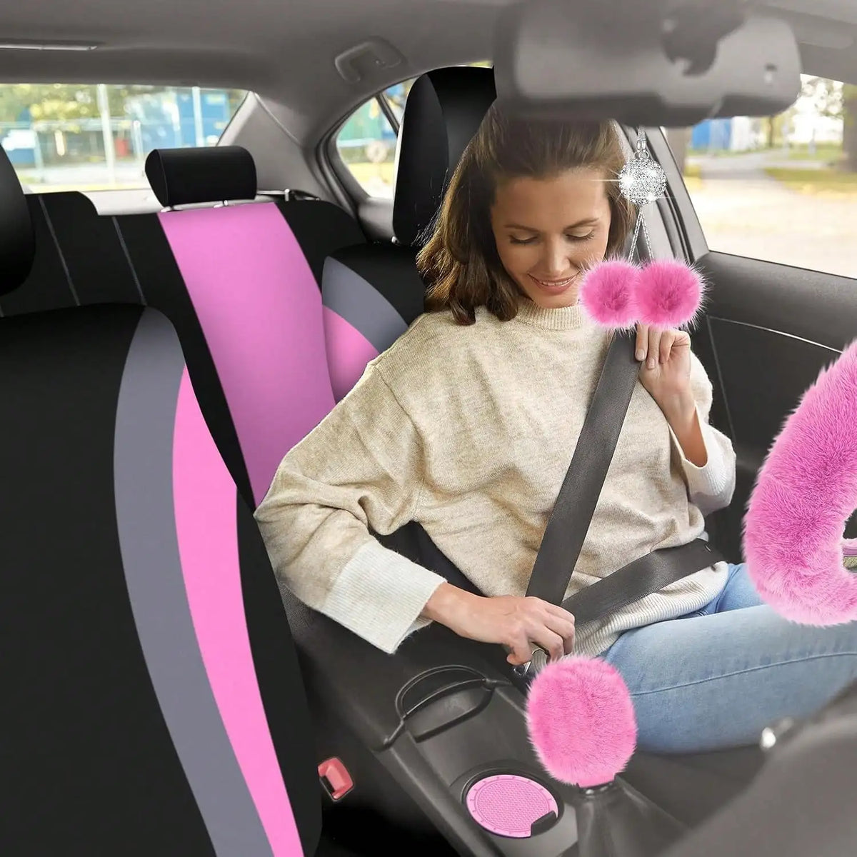 35-Piece Luxury Car Seat Cover Set - Soft Fluffy Steering Wheel Cover, Universal Safety Belt Protectors, Gear Shift Cover, Fashionable Interior Accessories For Women - Premium Polyester Fiber, Easy To Install, Stylish, And Pr