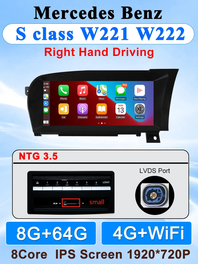 10.25" Wireless CarPlay & Android Auto Display Screen, Compatible with Mercedes-Benz S-Class W221 (NTG 3.0/3.5)