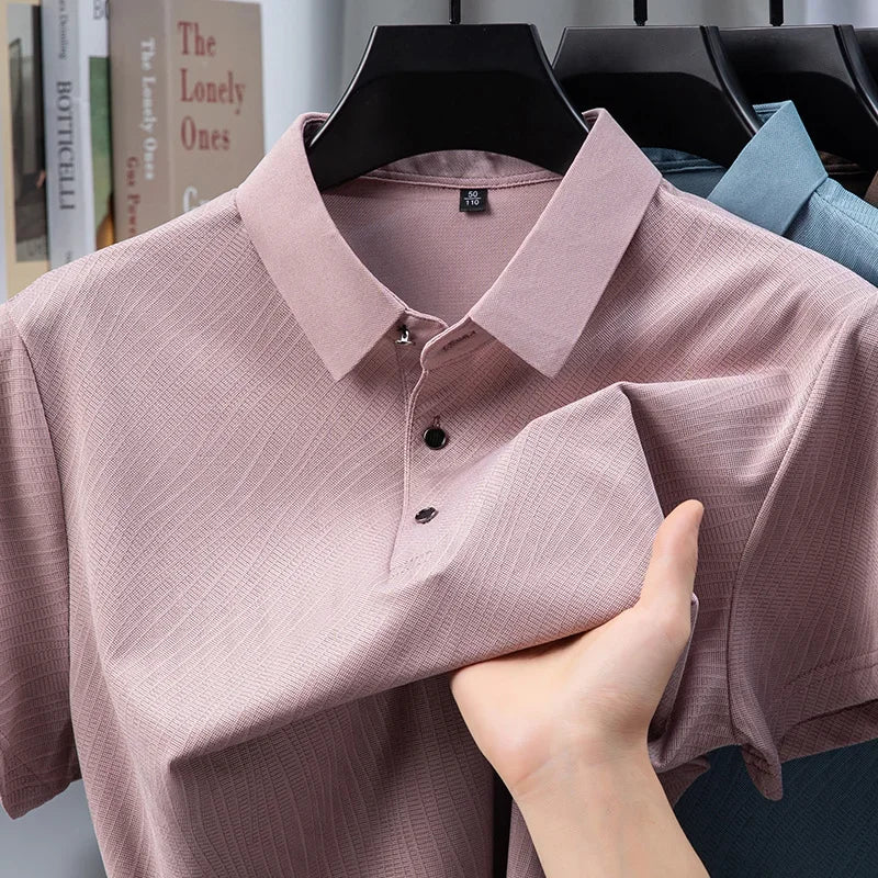 Men's Textured Polo Shirt - Solid Lapel, Breathable Office Casual