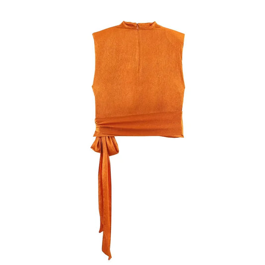 Women's Orange Satin-Look Sleeveless Top with Long Ribbon - Elegant Spring Top - photo 2
