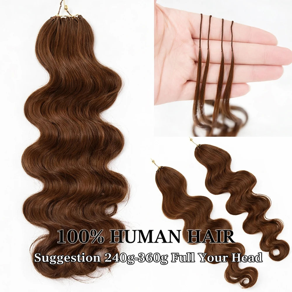 4# Drak Brown Body Wave Crochet Human Hair Pre-Separated Invisble Miracle Knot Braids Feather Crochet Hair Extensions Seamless