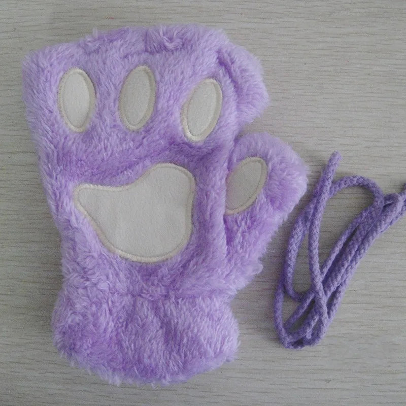Women's Cat Paw Plush Mittens, Fingerless