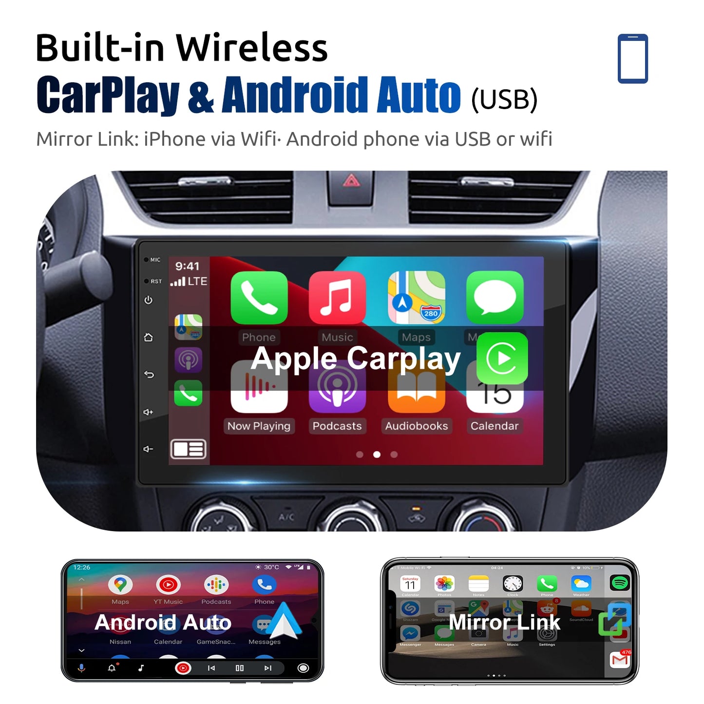 7"/9"/10“ 2 DIN Android 15 4+64G Car Stereo Multimedia Player Universal Carplay Android Auto GPS Navigation FM Radio Touchscreen