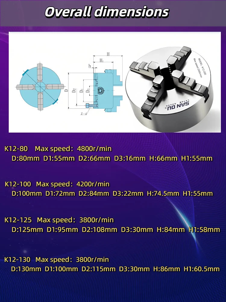 80/100/125mm Precision 4-Jaw Self-Centering Lathe Chuck - Iron & Steel Wide Clamping Range Automatic Centering for Machine Tools