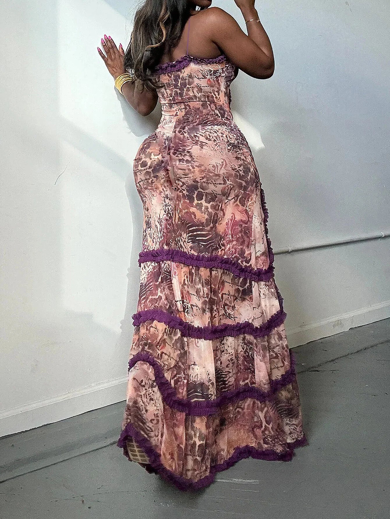 Women's sexy line hollow high slit dress with pleated lace slit dress