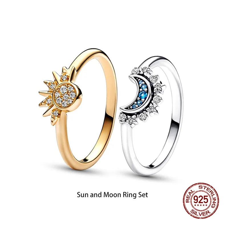 New in 925 Sterling Silver Sun and Moon Love Princess Zircon Oxide Enamel Heart Love Rings Fashion Fine Jewelry For Women Gifts