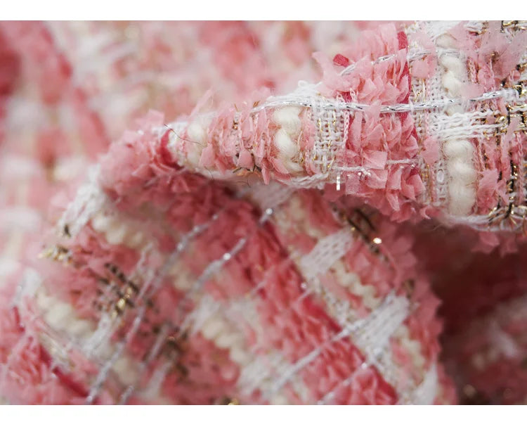 Tweed Fabric for Coat, Pink, Golden Thread, Glitter Cloth, Diy