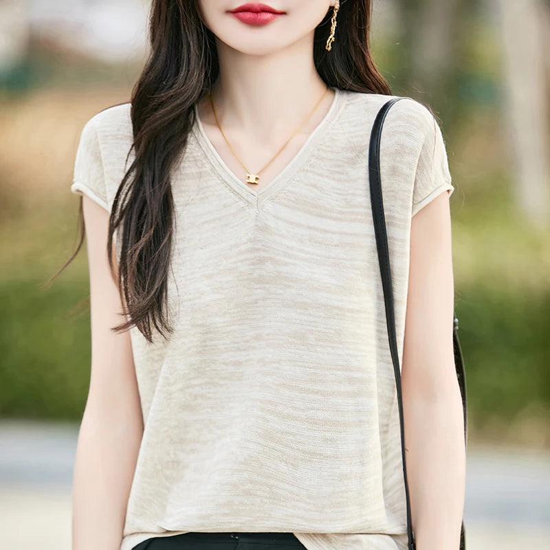 Pure Cotton Hollow Short-Sleeved Ladies Spring And Summer Loose Slim New Joker Knit Bottoming T-Shirt