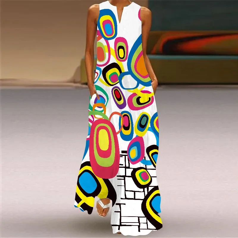Women's Sleeveless V-Neck Maxi Dress — Vintage Print Loose Sundress with Pockets (Plus Size)