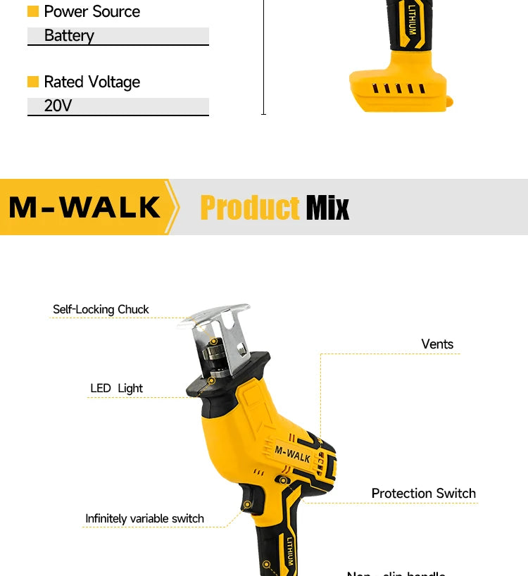 M-WALK 3000RPM Cordless Electric Reciprocating Saw Chainsaw Saber Saw Wood Metal Cutting Power Tool For Dewalt 20V Battery Pin