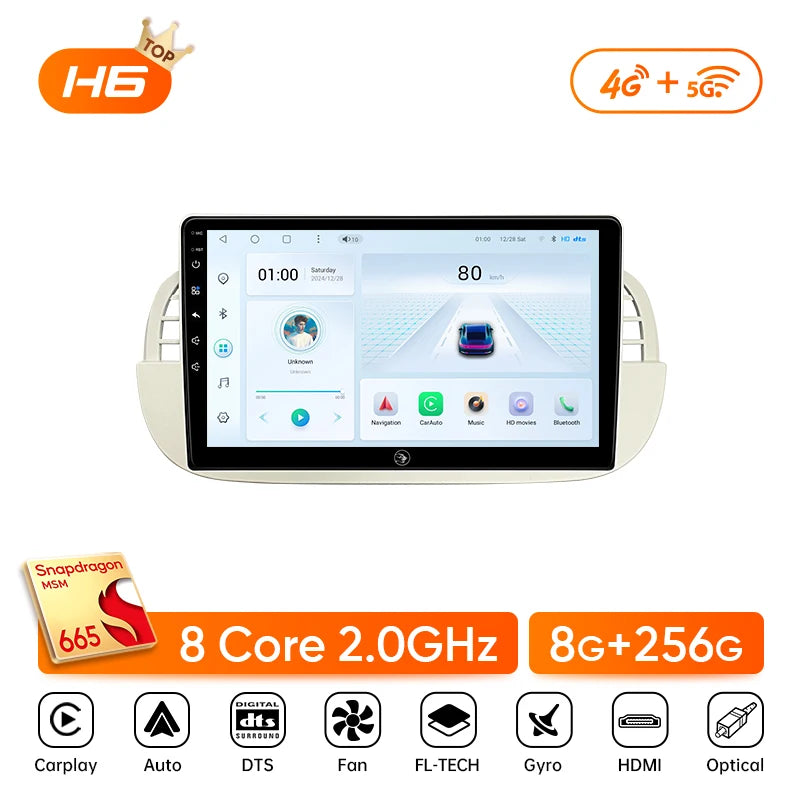 Ainavi 9" Android Car Stereo for Fiat 500 — CarPlay, Android Auto, GPS, Steering-Wheel Control
