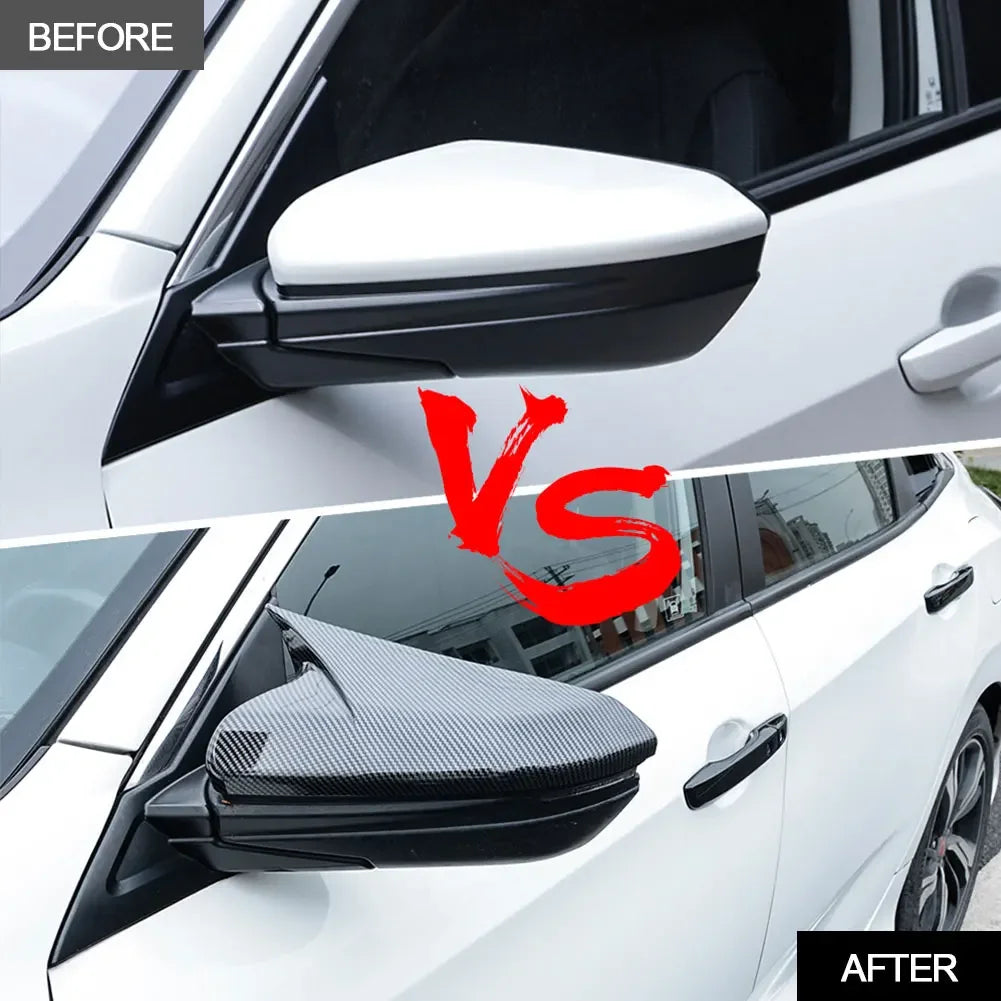 For Honda Civic 10th 16-19 1Pair Ox Horn Shape Car Carbon Fiber Style Rear View Side Mirror Cover Rearview Caps Accessories