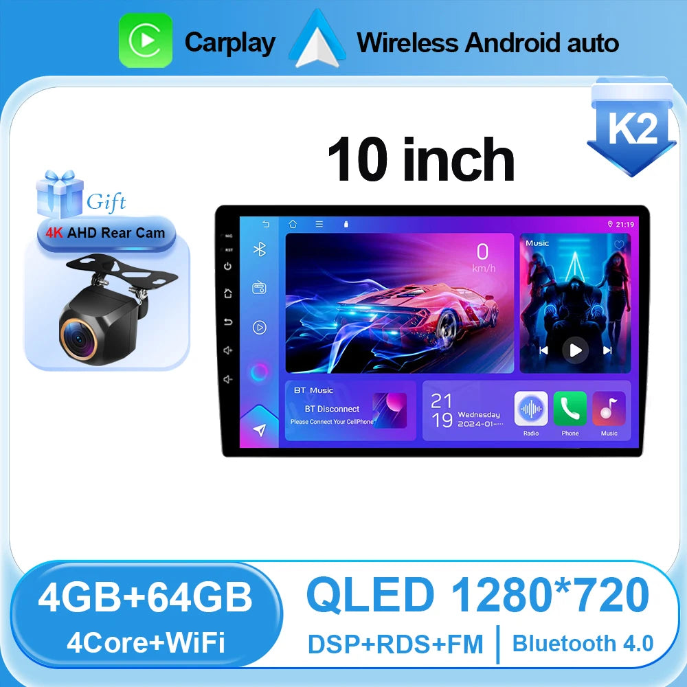 Universal 2-DIN Android Car Stereo (9"/10") — CarPlay, Android Auto, GPS, QLED Screen, Bluetooth