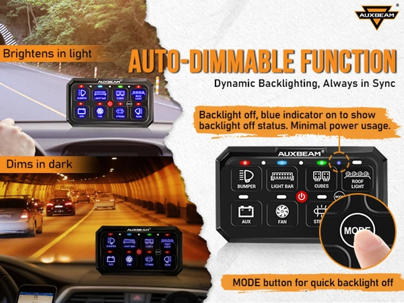 Auxbeam RGB 8 Gang Switch Panel Toggle/Momentary/Pulsed Supported Without App Control (One-Sided Outlet/Two-Sided Outlet)