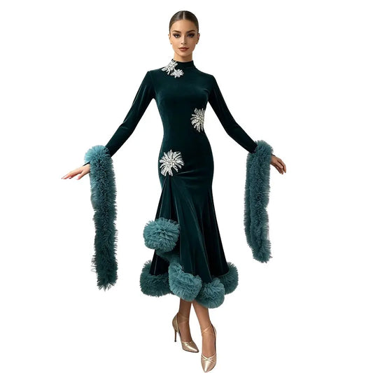 Women's high-neck velvet ballroom dress