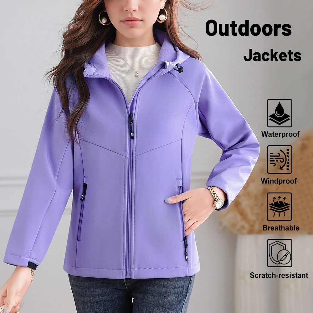 Women's Hooded Fleece Lined Outdoor Jacket - Windproof Hiking Coat - photo 2