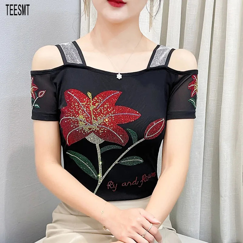 Women's Off-Shoulder Rhinestone Mesh Top