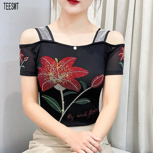 Women's Off-Shoulder Rhinestone Mesh Top