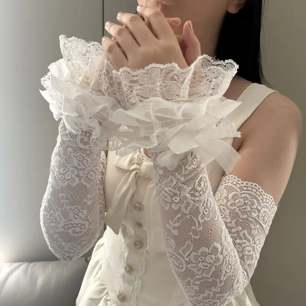 1 Pair Women Lolita Jk Lace Fingerless Gloves Black Gothic Fake Sleeves Trendy Elastic Long Lace Arm Sleeves Clothes Decoration